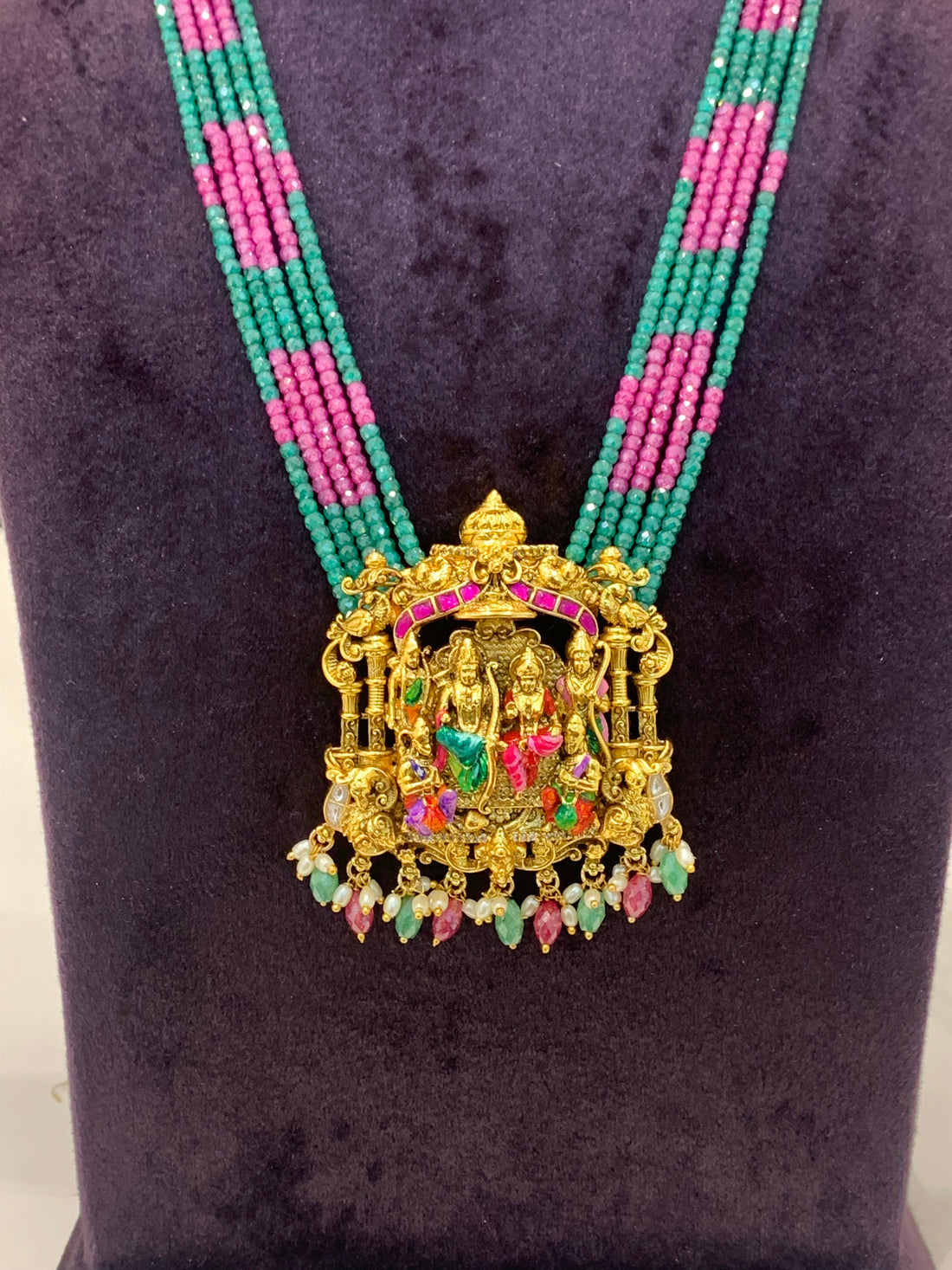 Beautiful Meenakari Nakshi Pendent set with 5 line premium cz crystal beads
