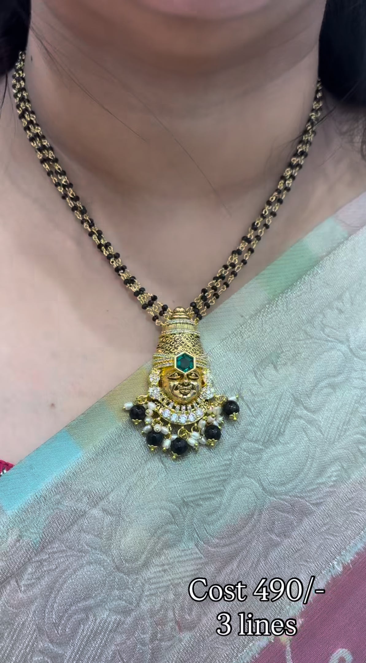 Beautiful lord Venkateswara swami pends with.3 line  black beads