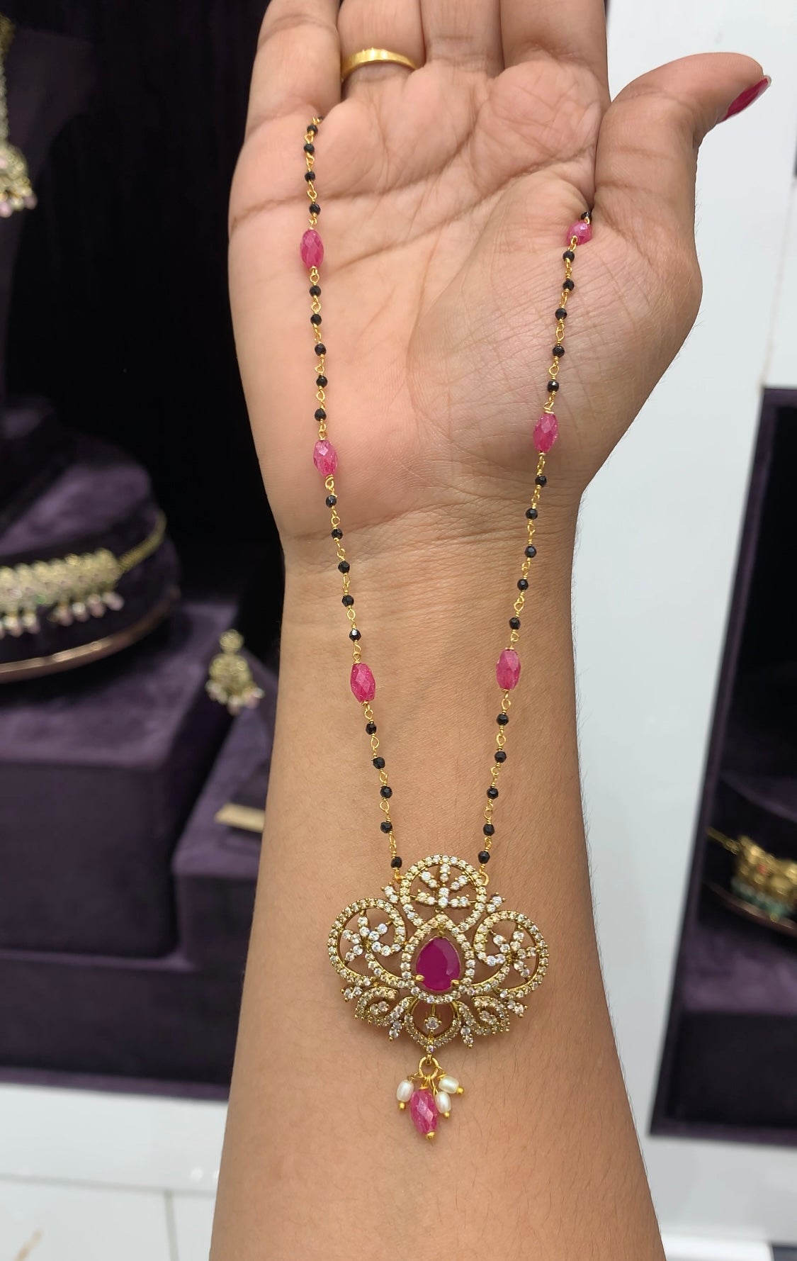 Beautiful Pink stone locket with Handmade Chain