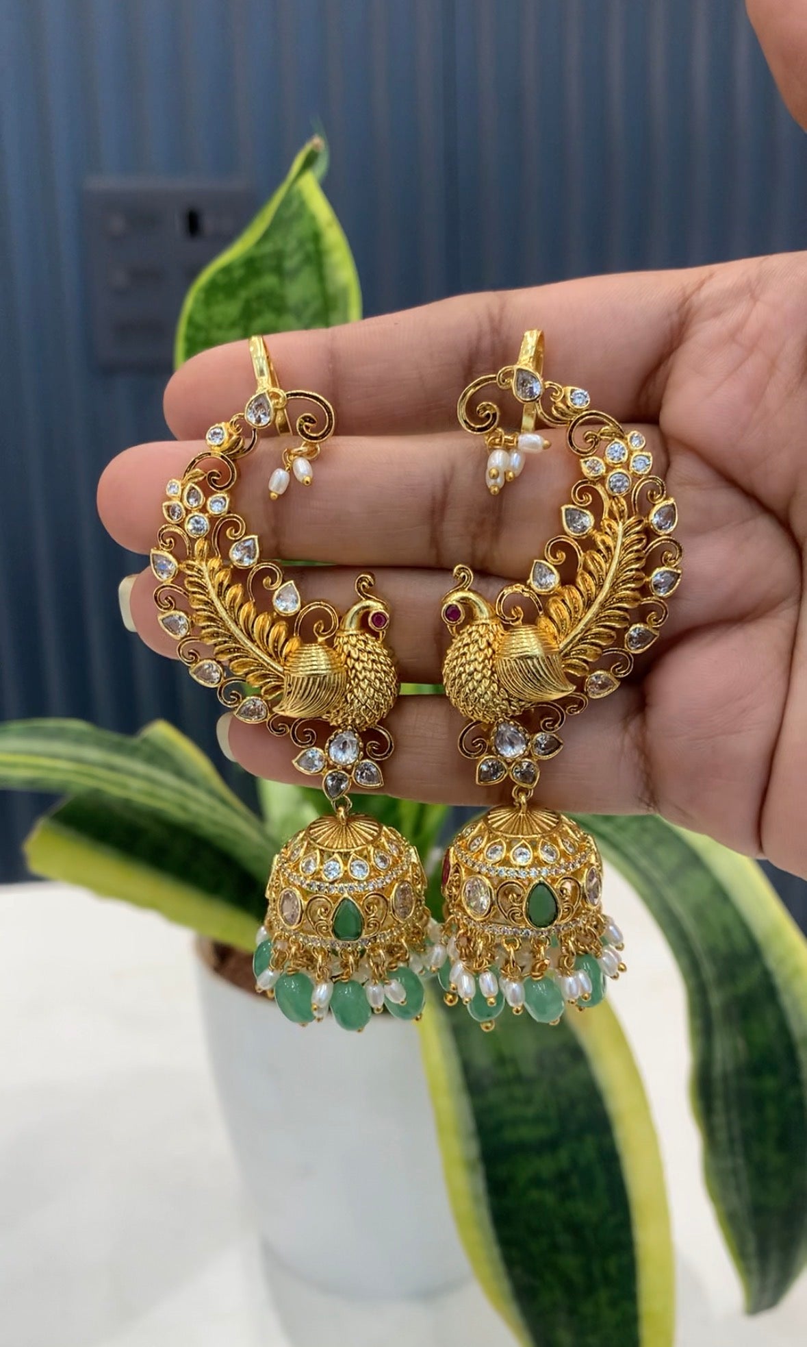 Beautiful peacock Earcuffs with Green Beads