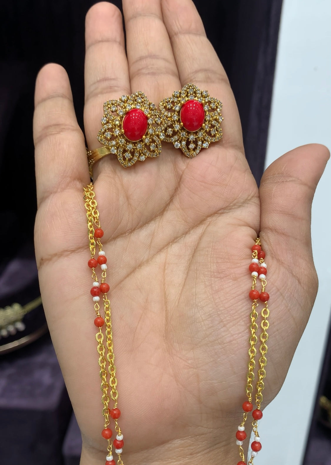 Beautiful coral stone locket set with coral beads handmade chain