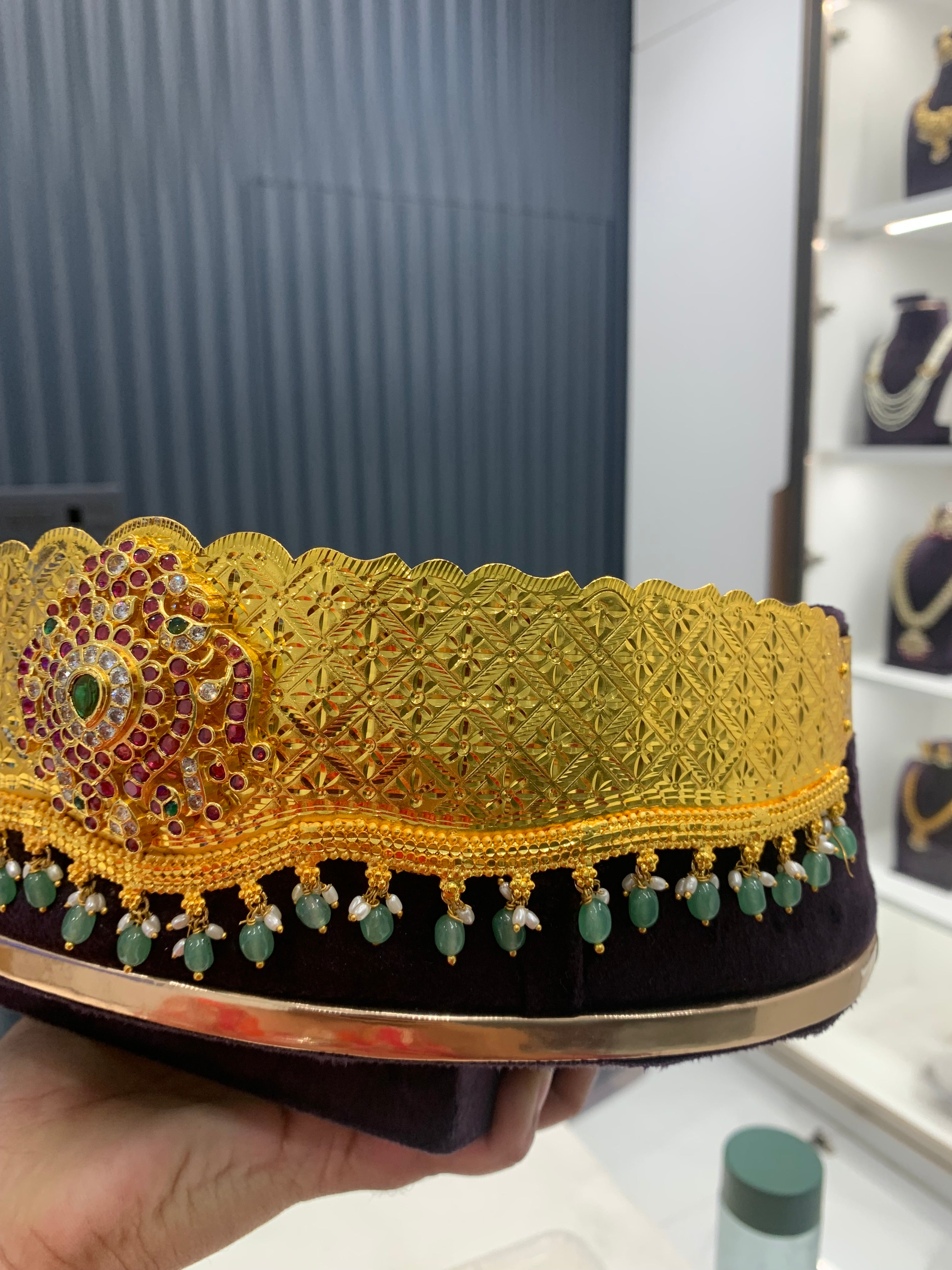 Beautiful customised adult vaddanam with green beads