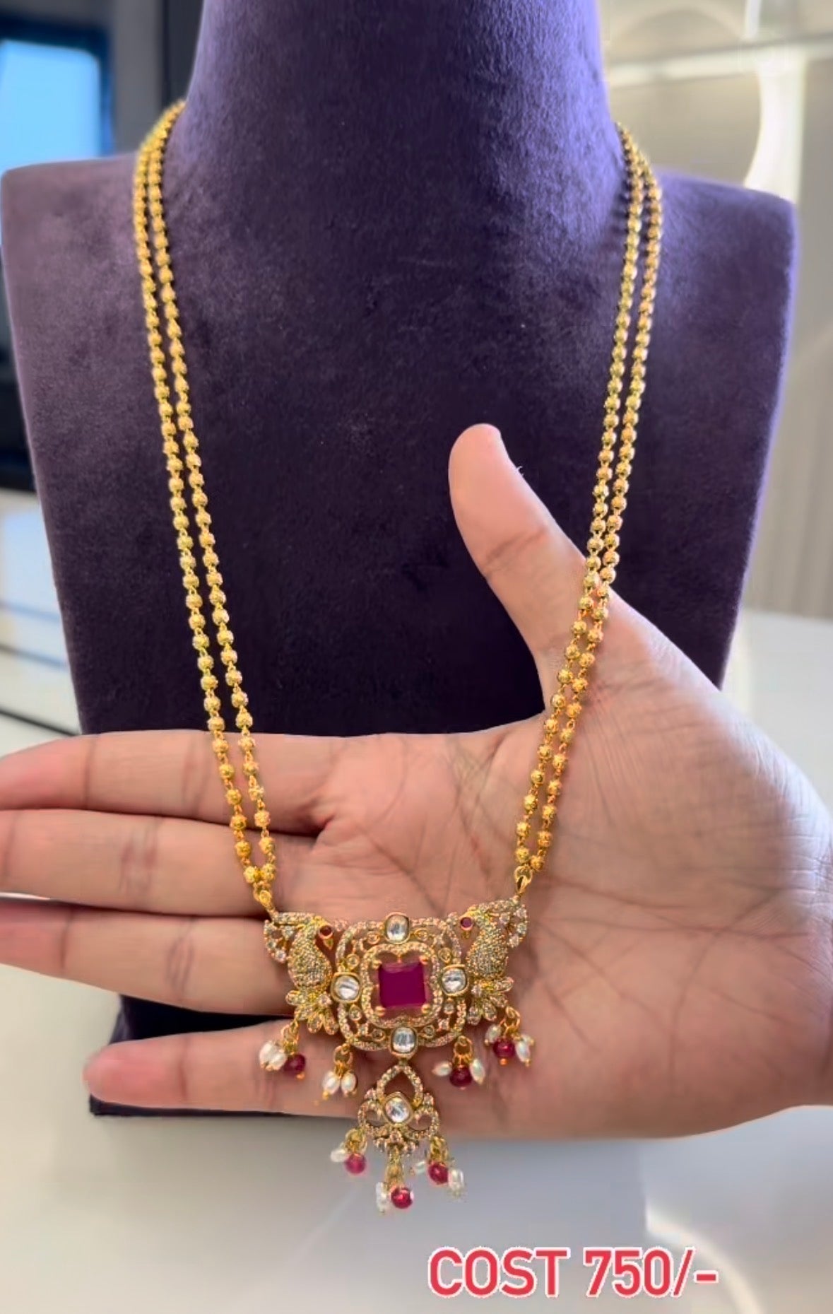 Beautiful customised 2 line gold ball chain with moissanite stone pendant