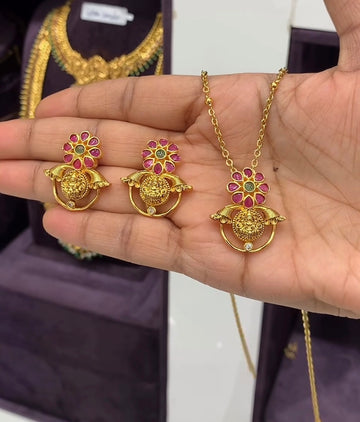 Beautiful Lakshmidevi Idol Pendent set With Chandraharam Chain