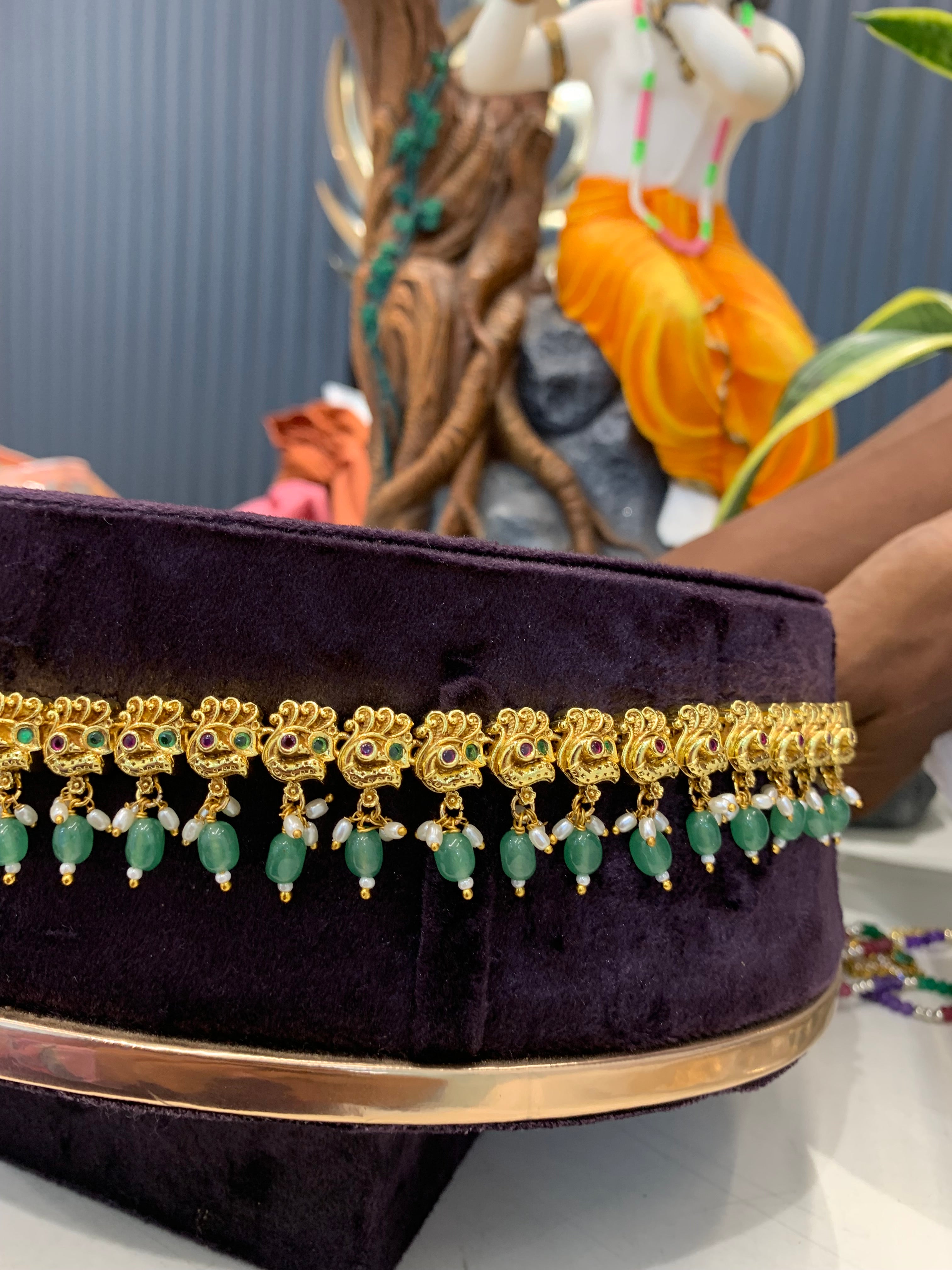 Beautiful Lakshmidevi Idol Chain Vaddanam With Green Beads