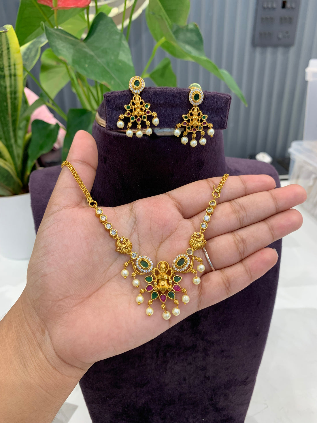 Beautiful simple multi  stone lakshmi devi necklace