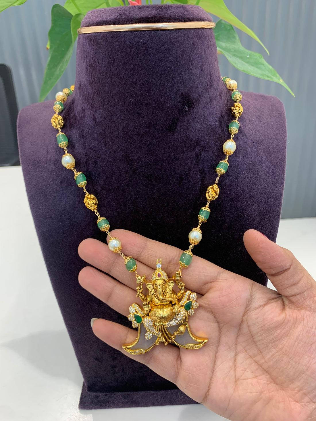 Beautiful Vinayaka Tigernail Locket with Handmade beads Chain