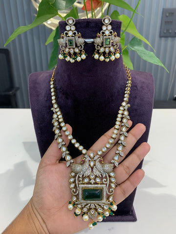 Beautiful mehandhi polish green stone double step necklace with moissanite stone