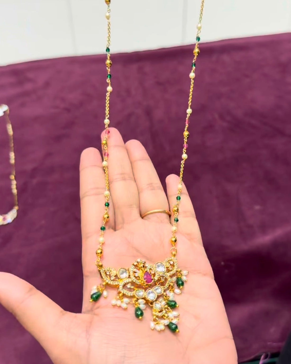 Beautiful Uncut stone Locket with Customised Chandraharam Chain