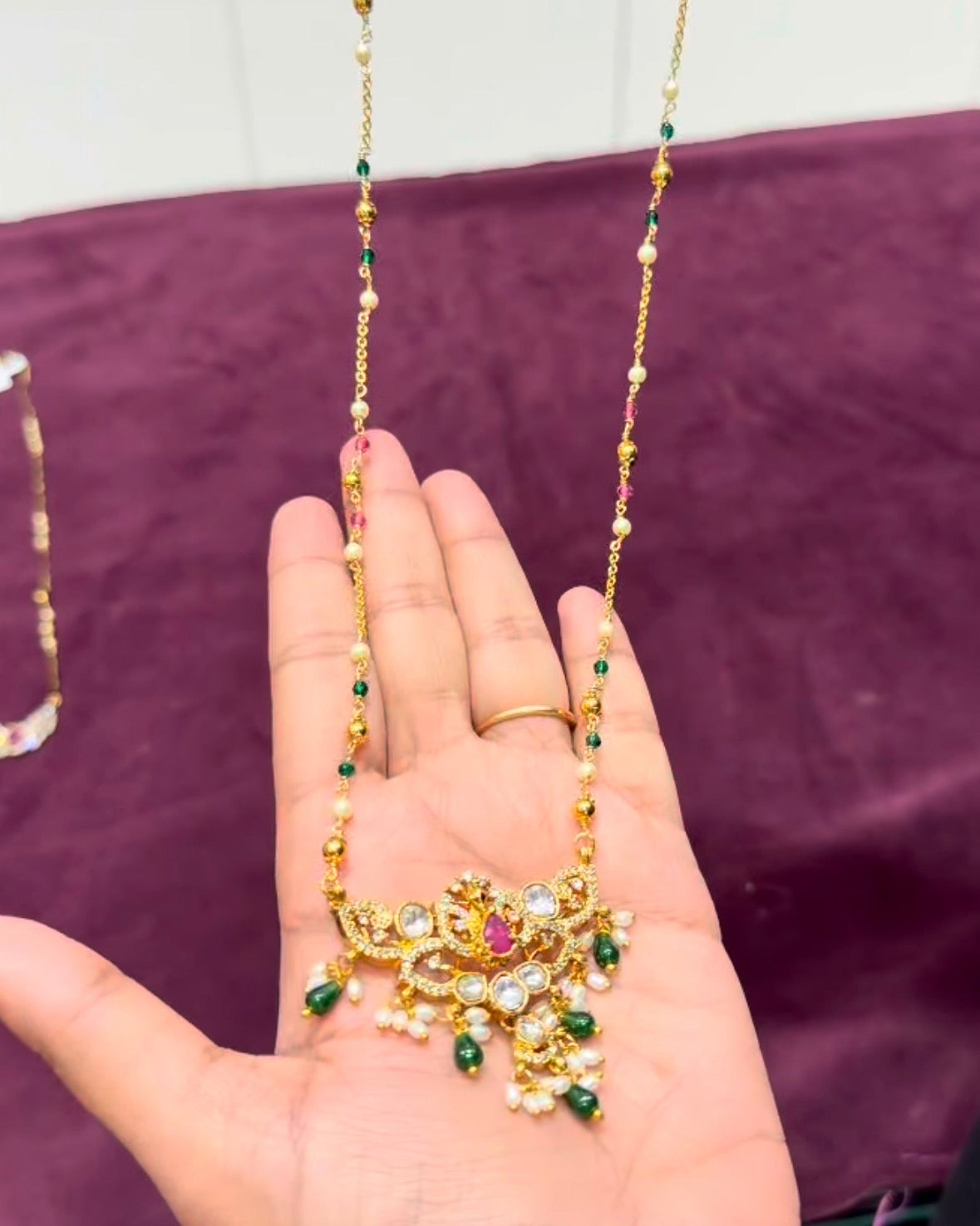 Beautiful Uncut stone Locket with Customised Chandraharam Chain