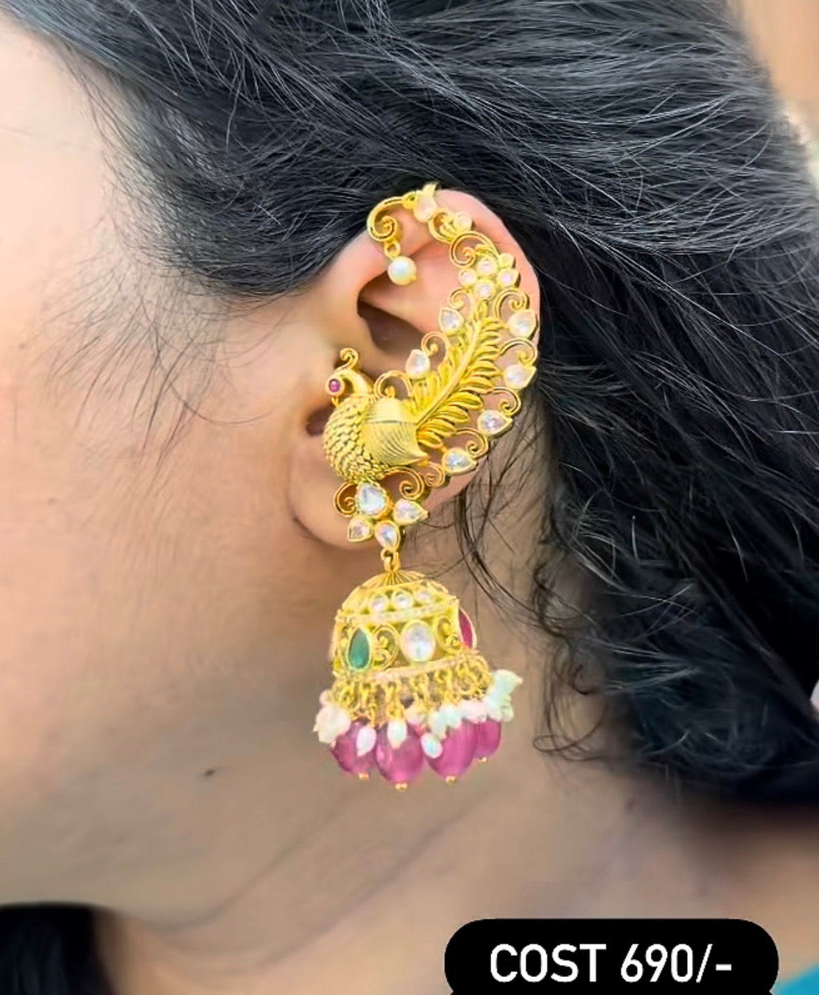 Beautiful Peacock Earcuffs with onion Pink Beads