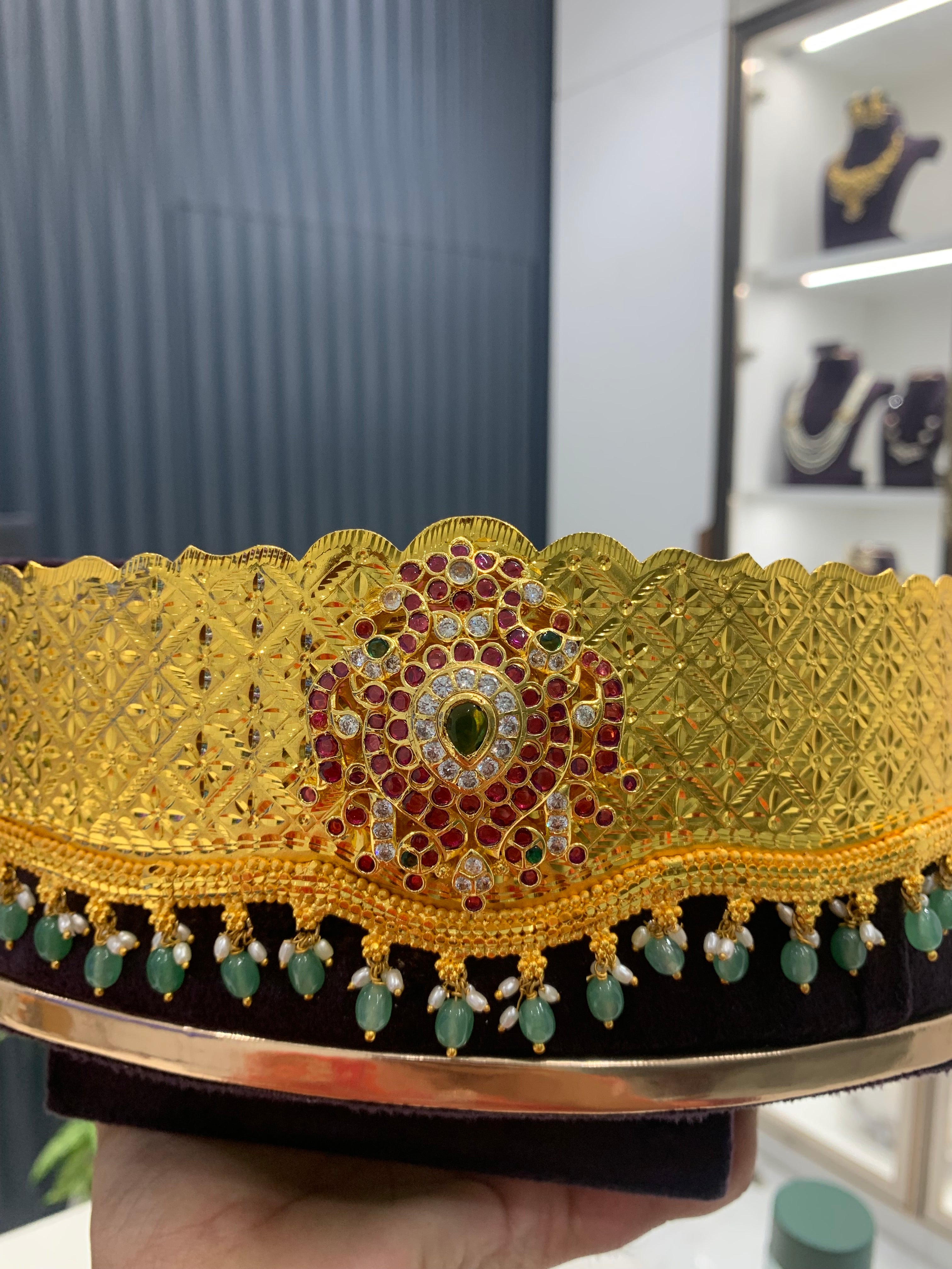 Beautiful customised adult vaddanam with green beads