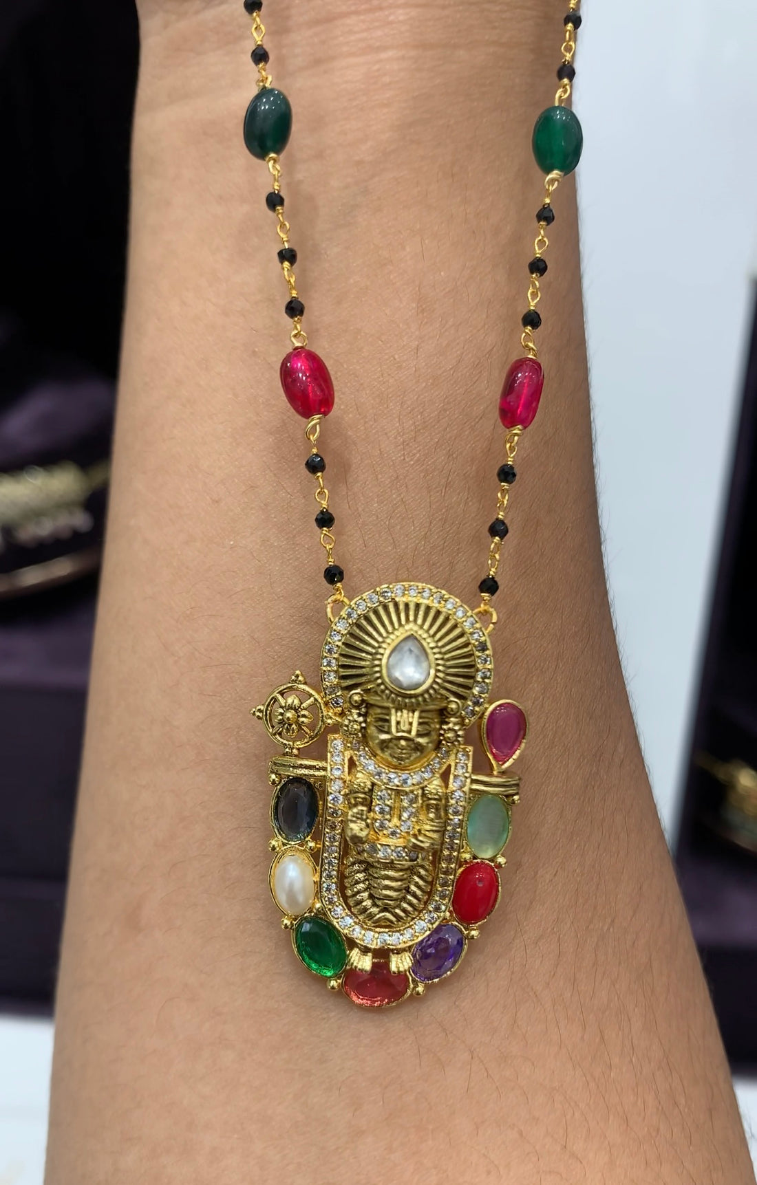 Beautiful Navarathna Balaji locket with Navarathna Black beads