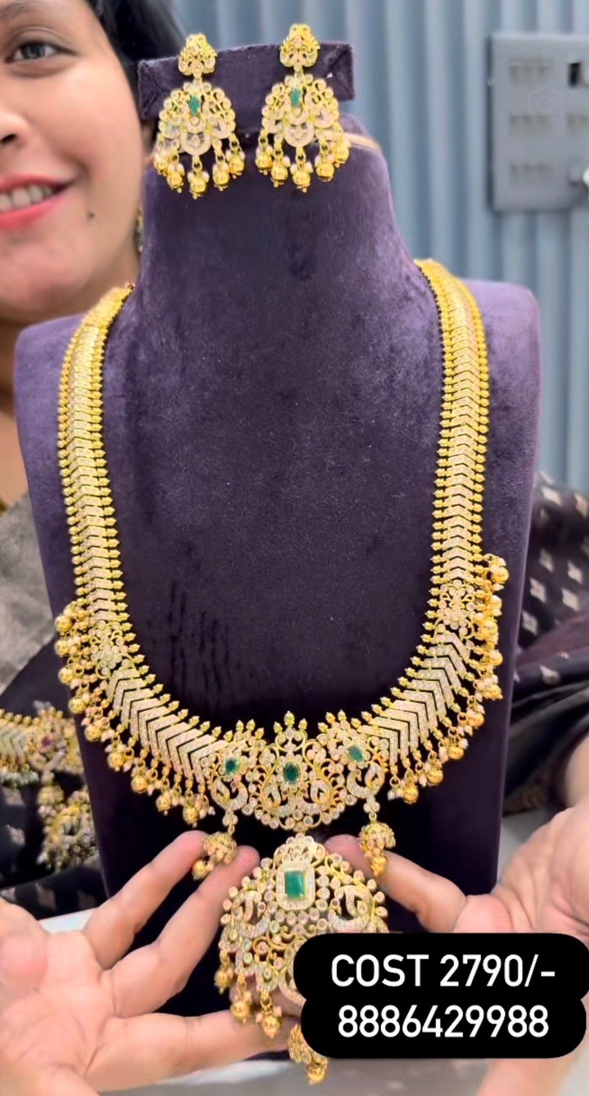 Beautiful customised jilebi pattern green stone long haram
