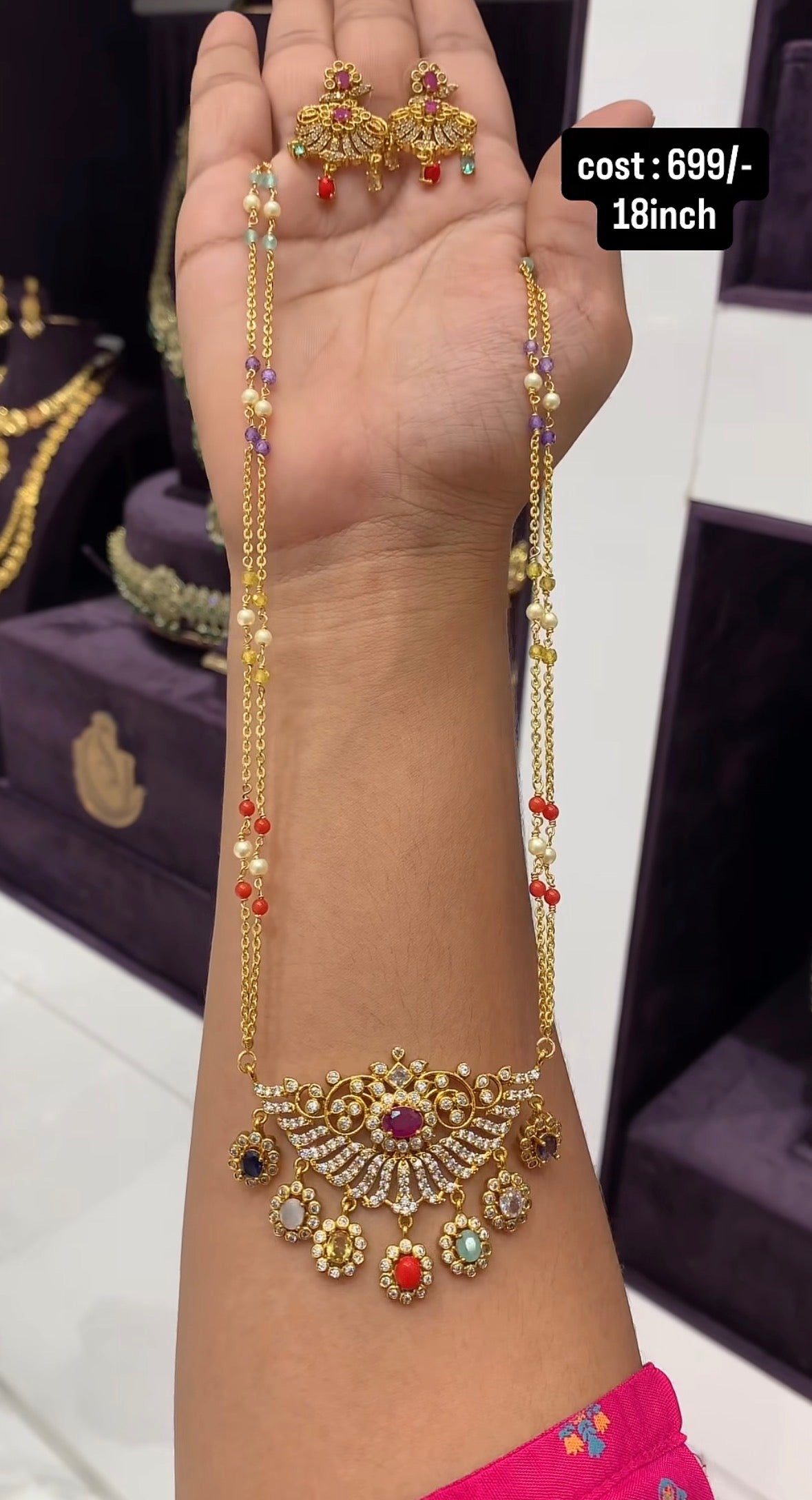 Beautiful Navarathana Pendent With stylish Chandraharam Chain