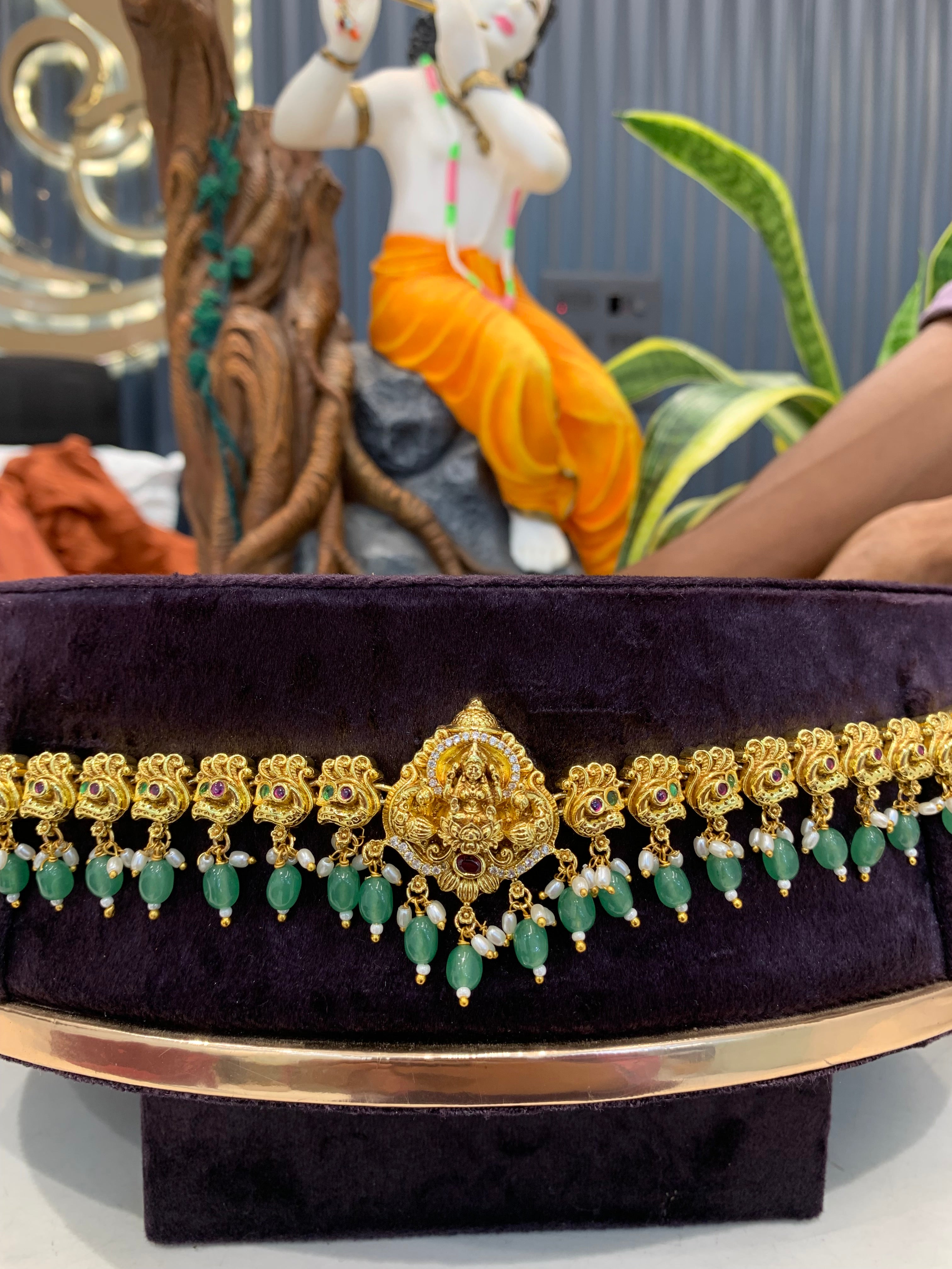 Beautiful Lakshmidevi Idol Chain Vaddanam With Green Beads