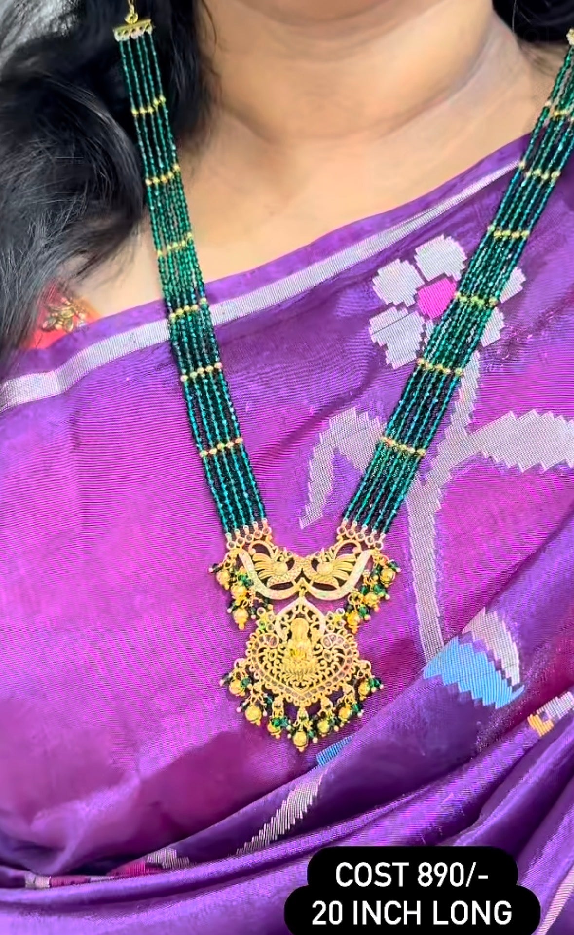 Beautiful Lakshmidevi Pendent With Customised 5 line Green crystal Beads set