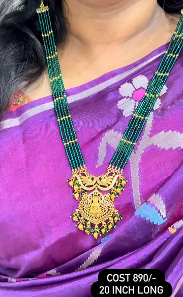 Beautiful Lakshmidevi Pendent With Customised 5 line Green crystal Beads set