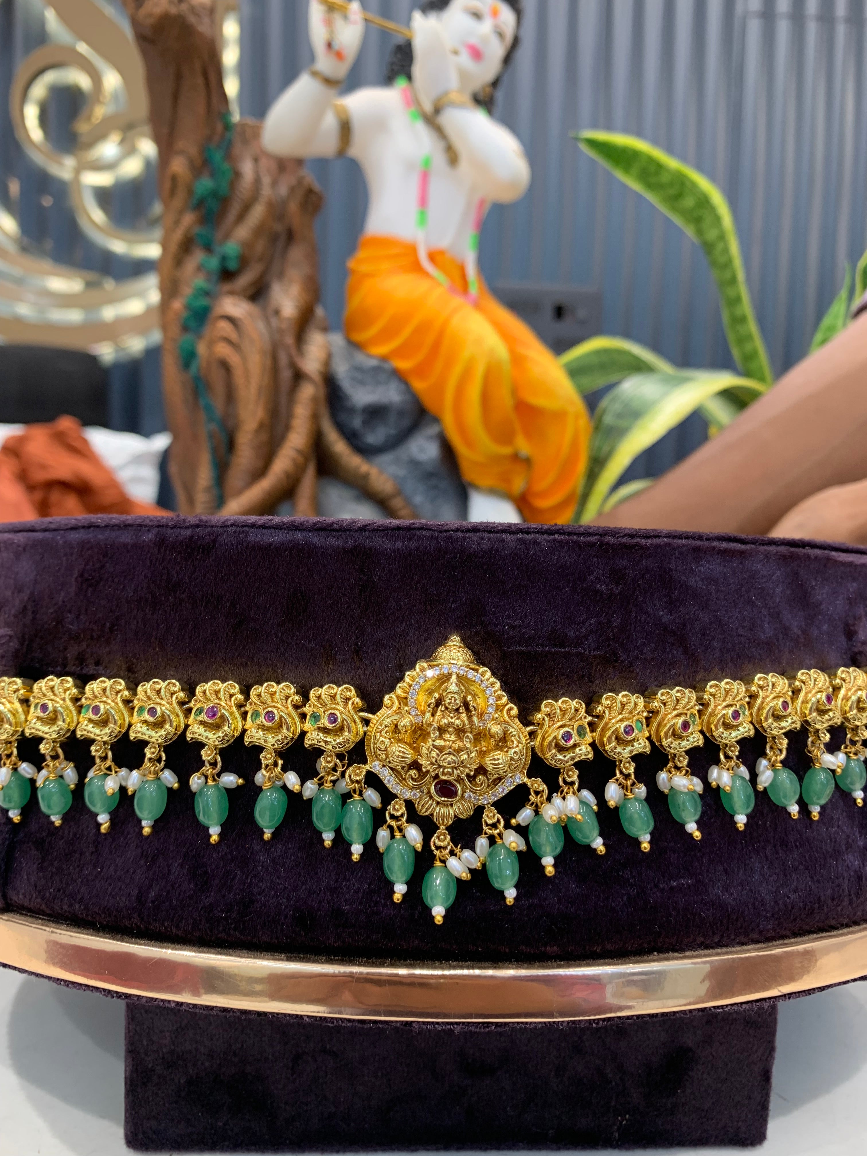Beautiful Lakshmidevi Idol Chain Vaddanam With Green Beads