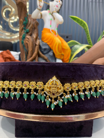 Beautiful Lakshmidevi Idol Chain Vaddanam With Green Beads