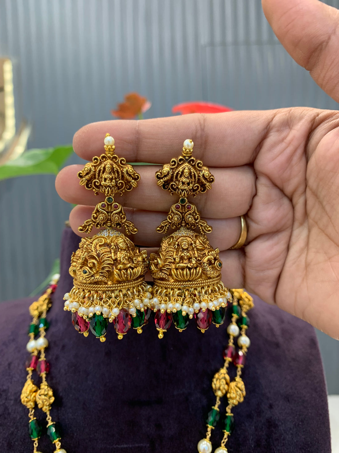 Beautiful Heavy Beads set with Nakshi 3D locket set with premium cz crystals Danda