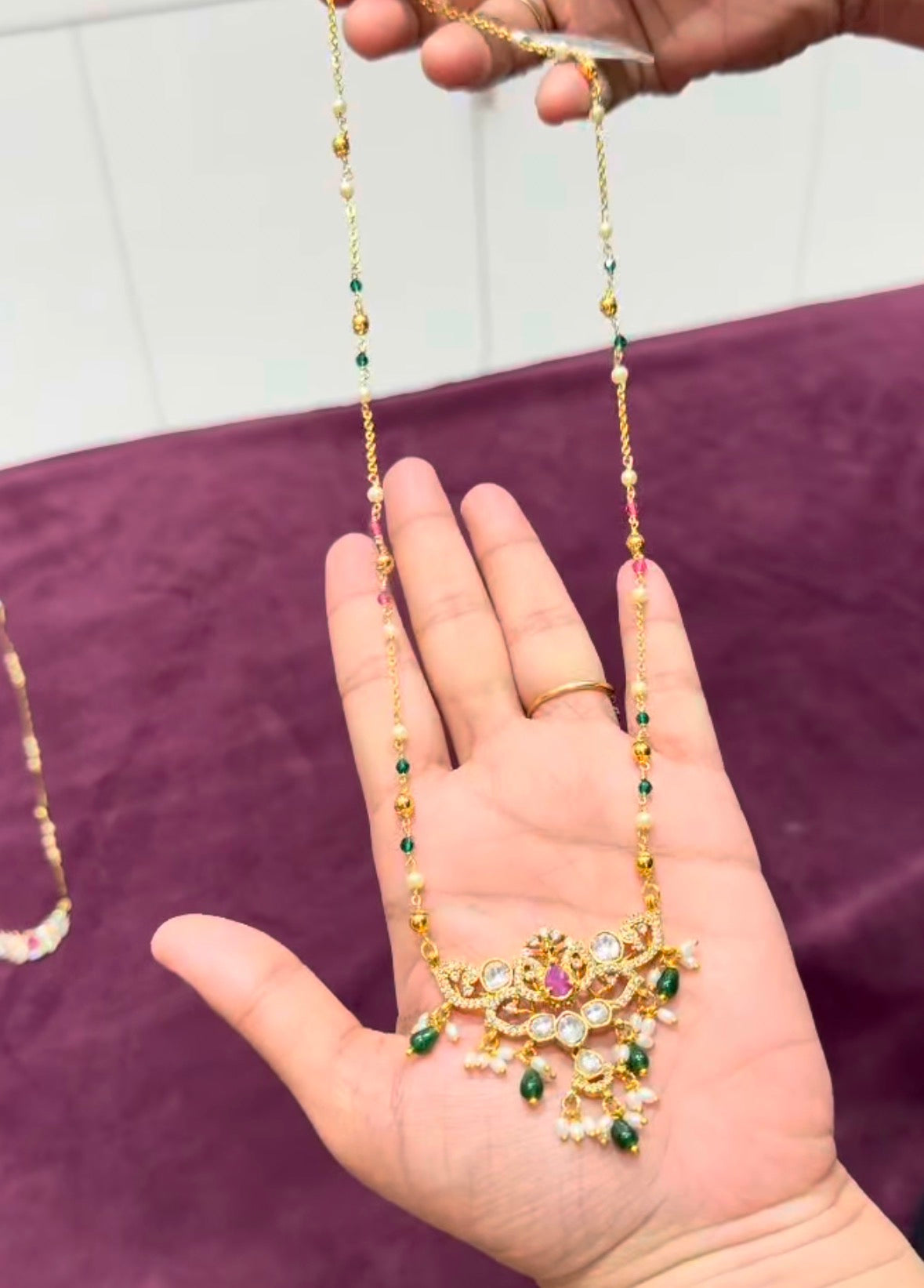 Beautiful Uncut stone Locket with Customised Chandraharam Chain