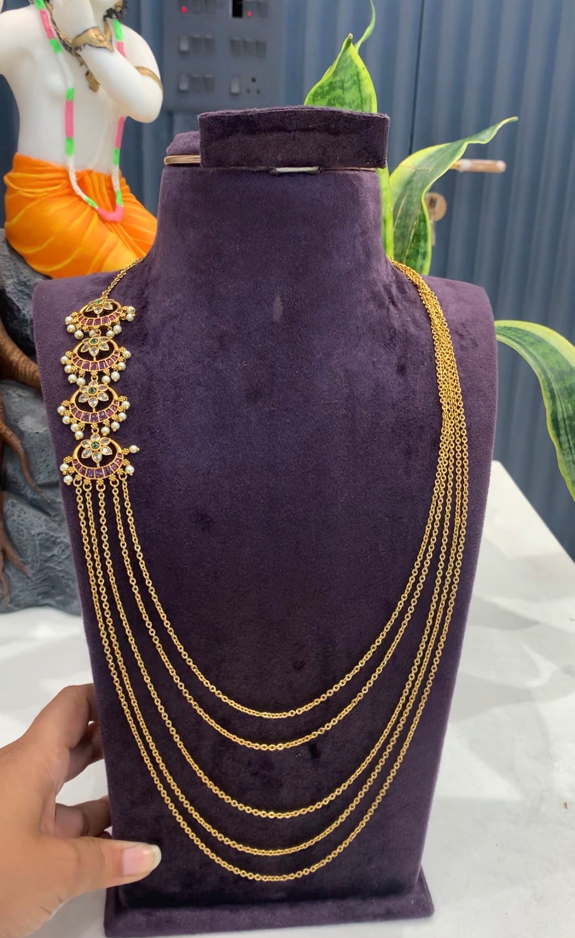 Beautiful customised 5 line chandraharam chain with side locket 24-26 inchs