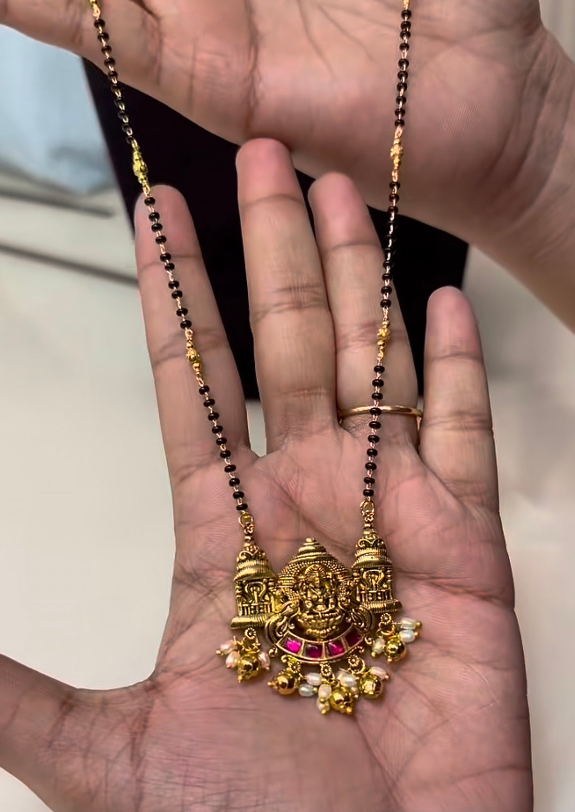 Beautiful Jadav Lakshmidevi Locket With Customised Blackbeads (18 inches)