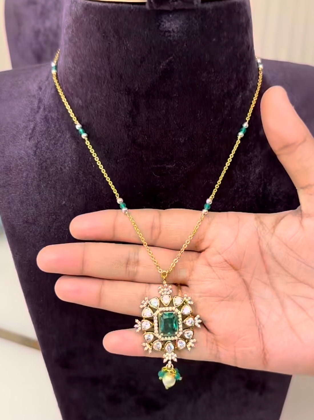 Beautiful Greenstone Locket with Customised Chandraharam Chain (18 inches)