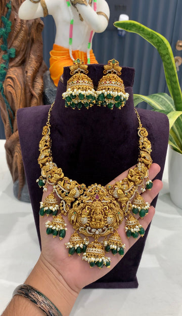 Beautiful Antic Polish Lakshmidevi Necklace with Jumkies
