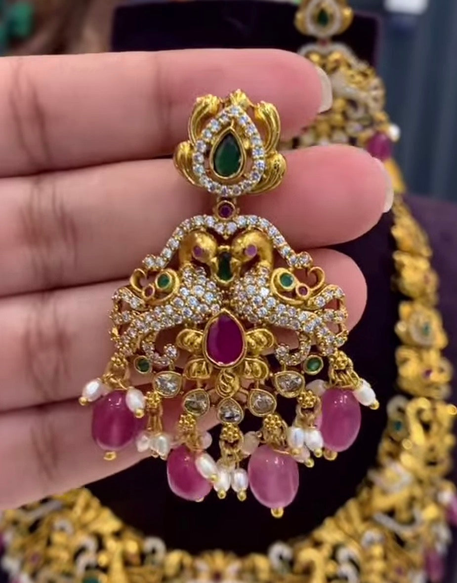 Beautiful Peacock Design Multi stone Nakshi Necklace with Earrings with Back Adjustable chain