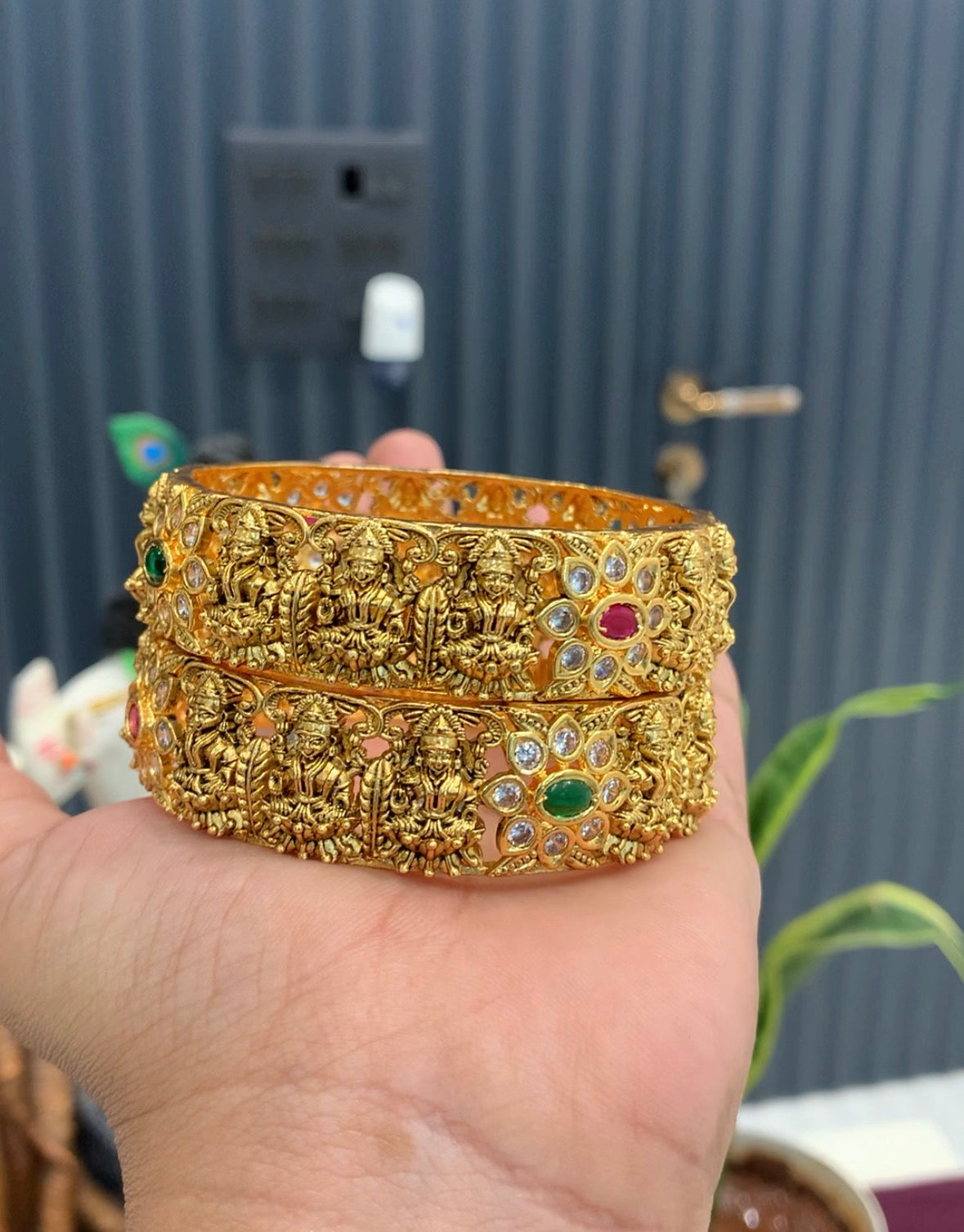 Beautiful Multi Stone Lakshmidevi Bangles ( Set of 2 Bangles )