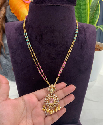 Beautiful pink stone locket with 2-line chandraharam and spinal beads Making