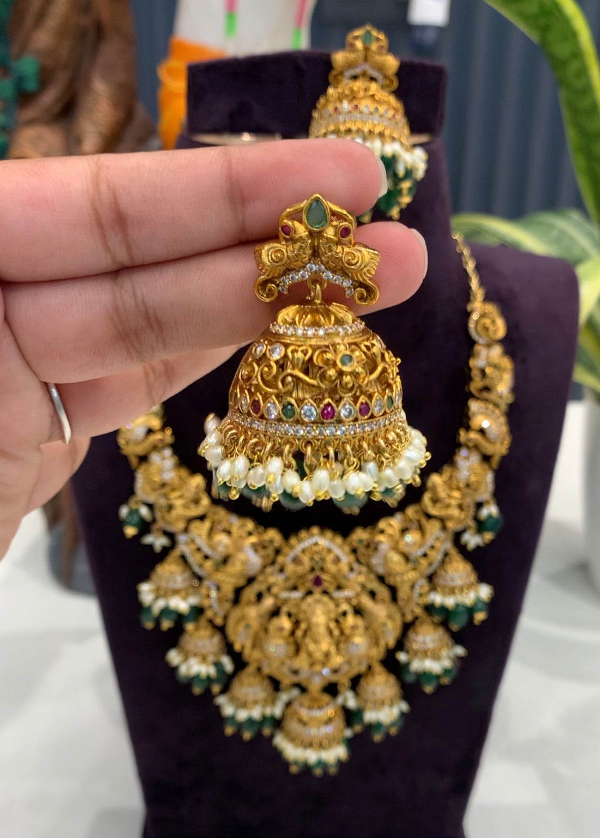 Beautiful Antic Polish Lakshmidevi Necklace with Jumkies