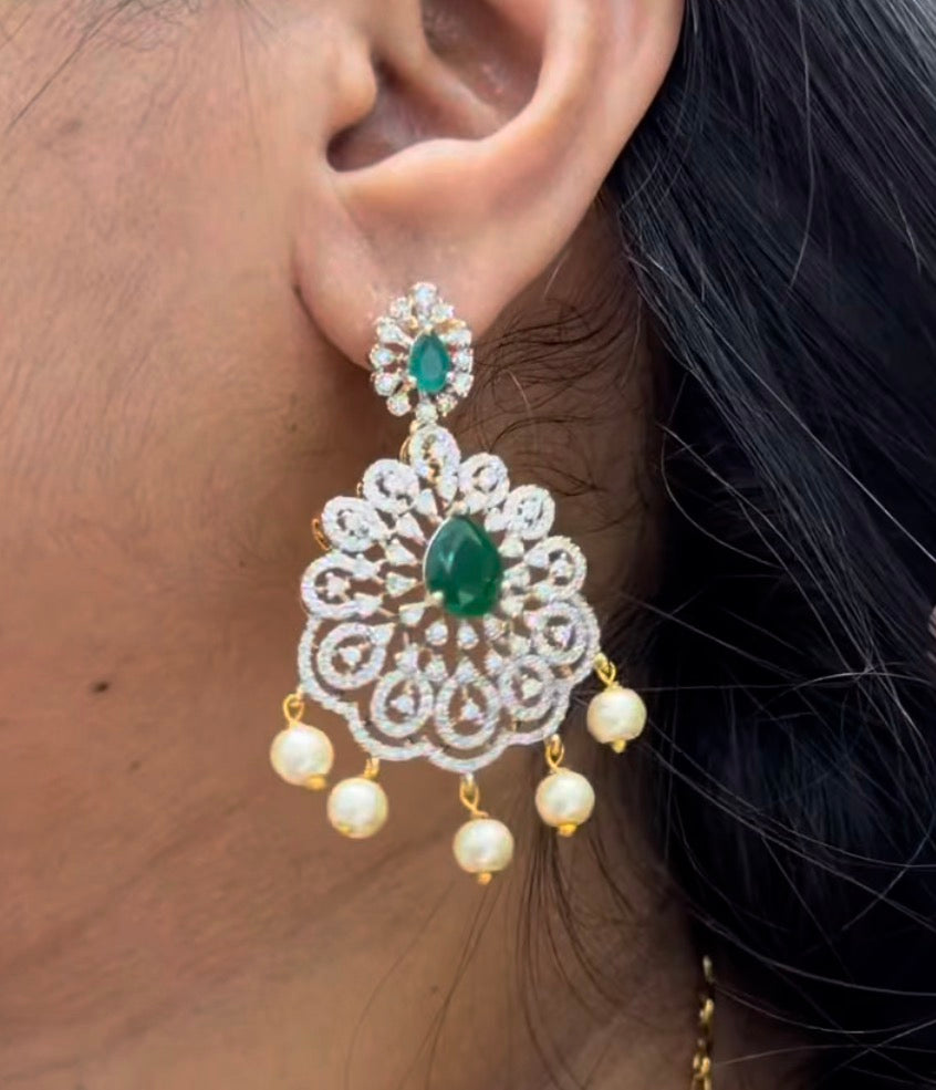 Beautiful GJ Green & White Diamond Replica Necklace with Screwback Earrings