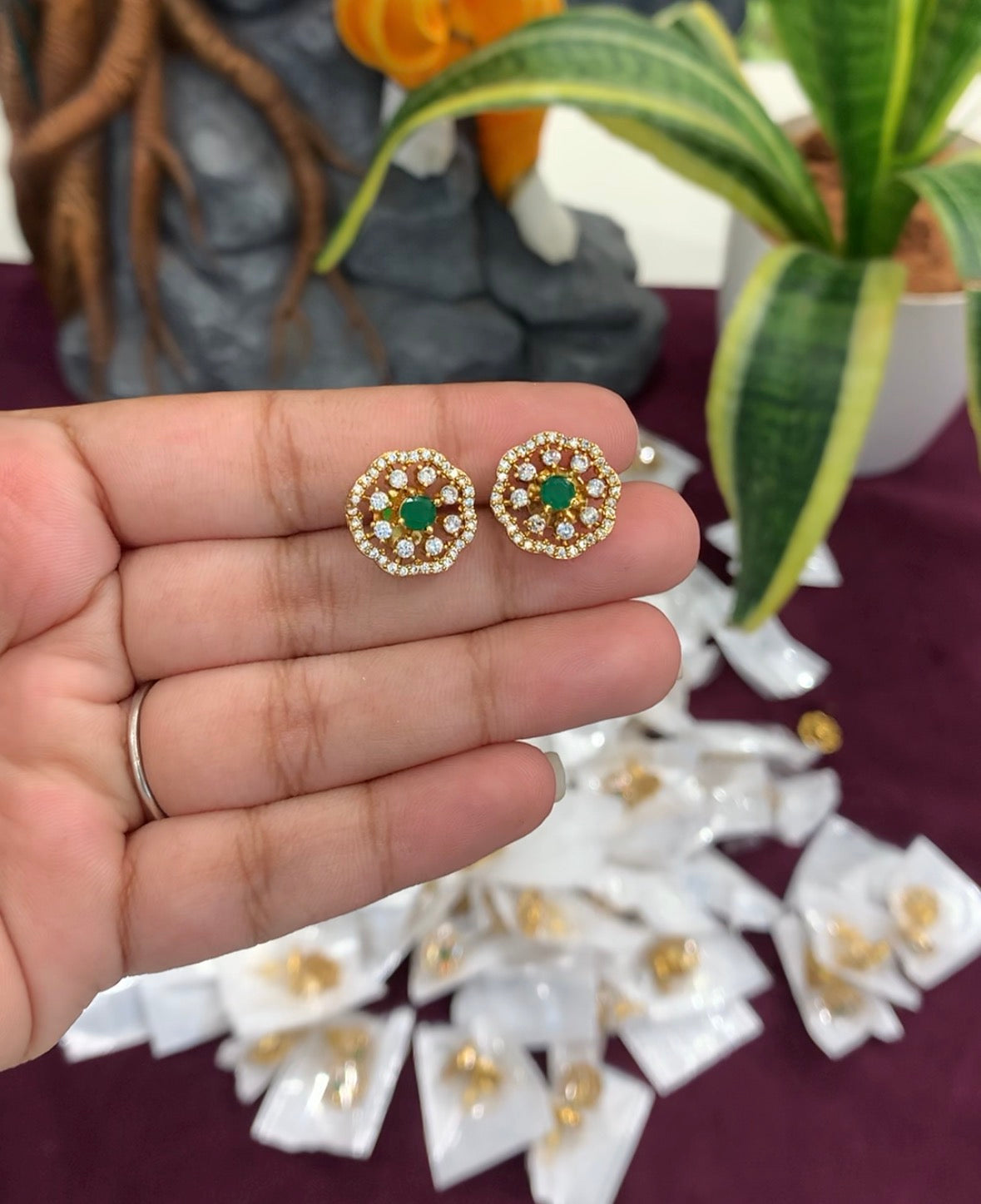 Beautiful Green Stone Stud Earrings with Pushback