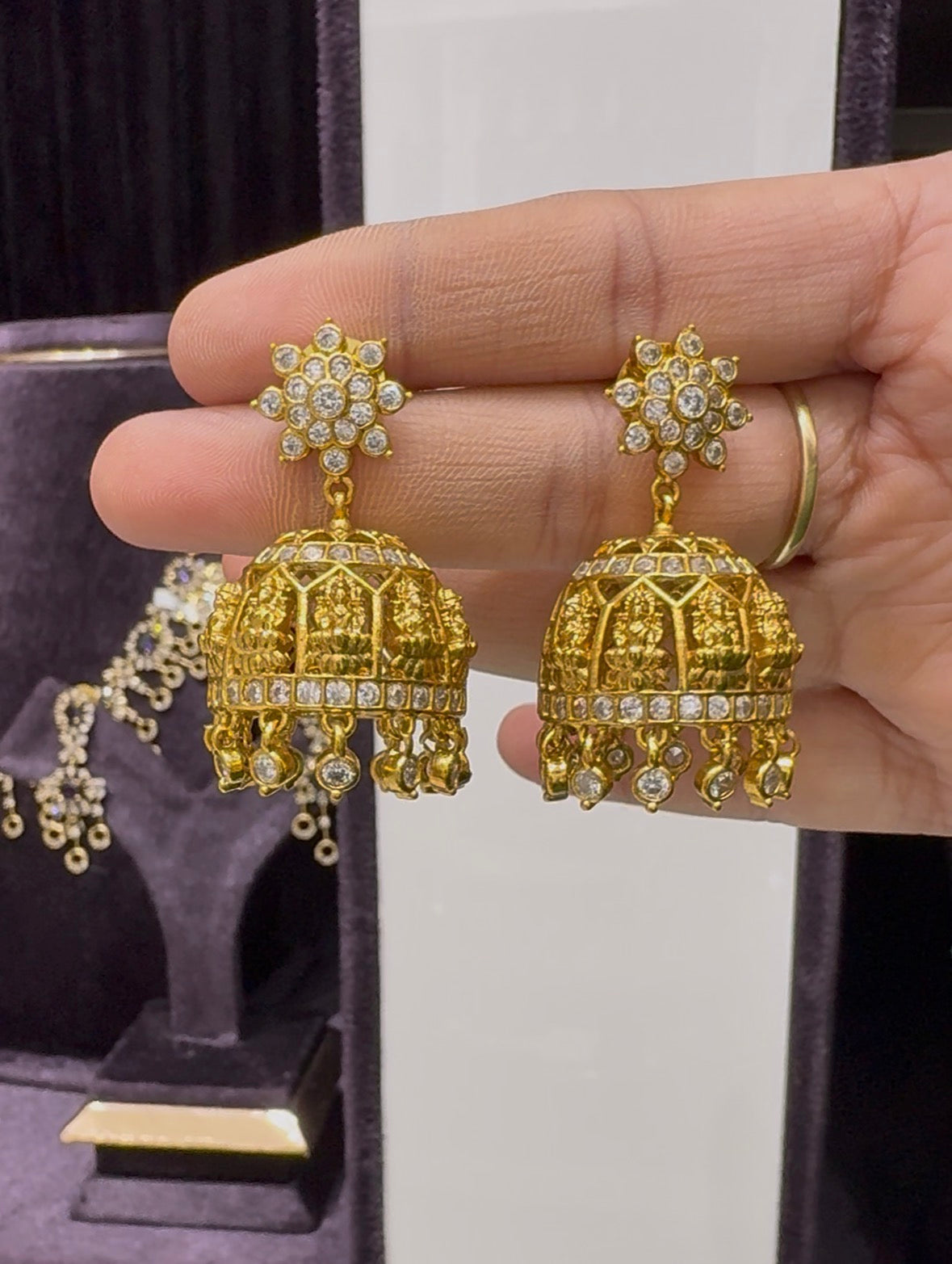 Beautiful White Stone Lakshmidevi Jumkies With PushBack