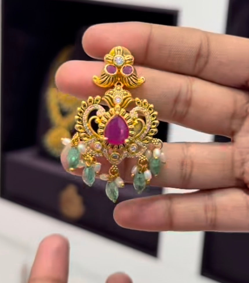 Beautiful Ruby Stone Lakshmidevi Chocker Neckset Customised with Green CZ Crystal Beads