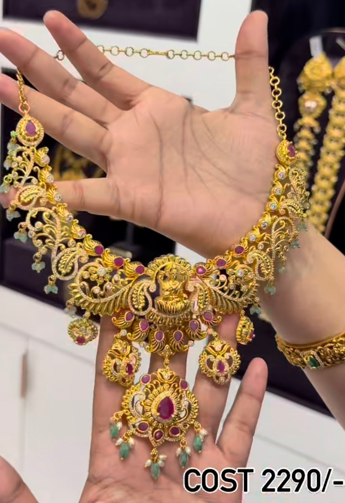 Beautiful Ruby Stone Lakshmidevi Chocker Neckset Customised with Green CZ Crystal Beads