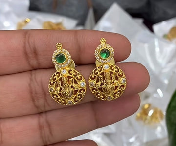 Beautiful Green Stone Lakshmidevi Kasu Stud Earrings With PushBack