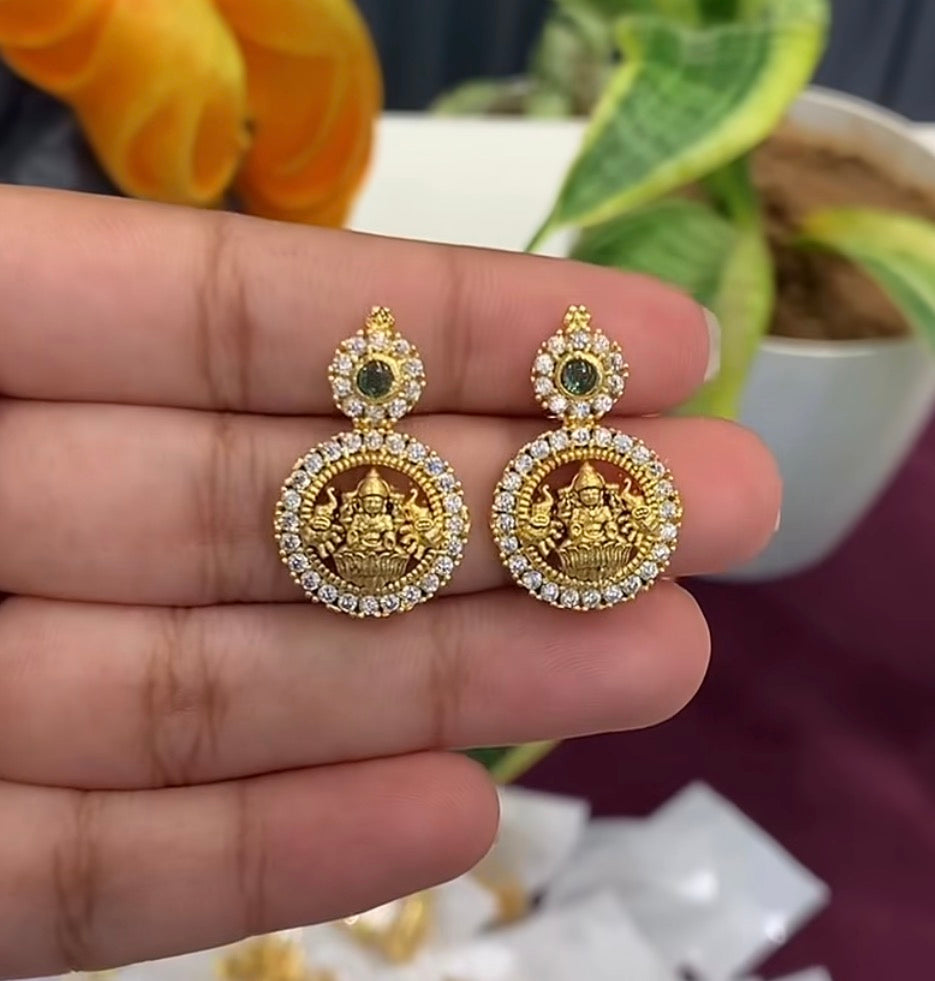 Beautiful Green Stone Lakshmidevi Kasu Stud Earrings with Pushback