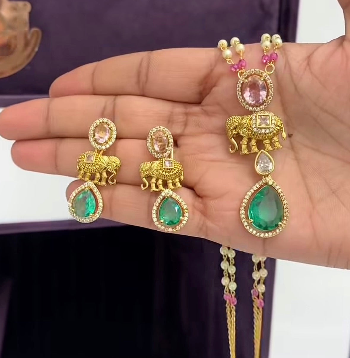 Beautiful Locket with Earrings with Customised 2-Line chandraharam Chain ( pushback Earrings )