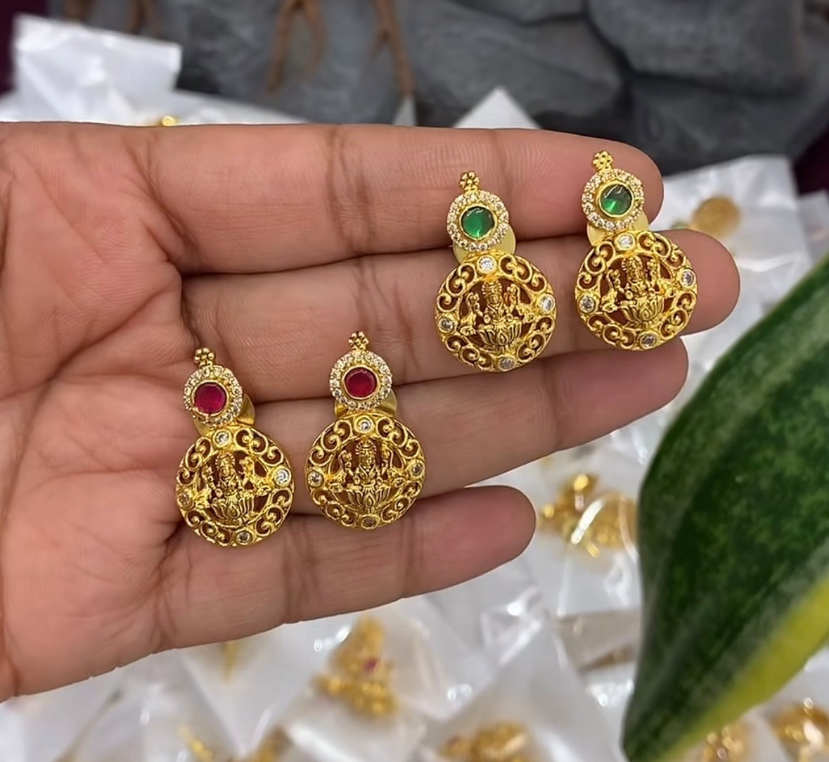Beautiful Pink Stone Lakshmidevi Kasu Stud Earrings With Pushback
