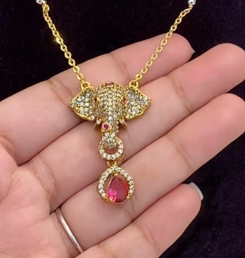 Beautiful Red Stone Elephant Locket with Customised Chandraharam Chain