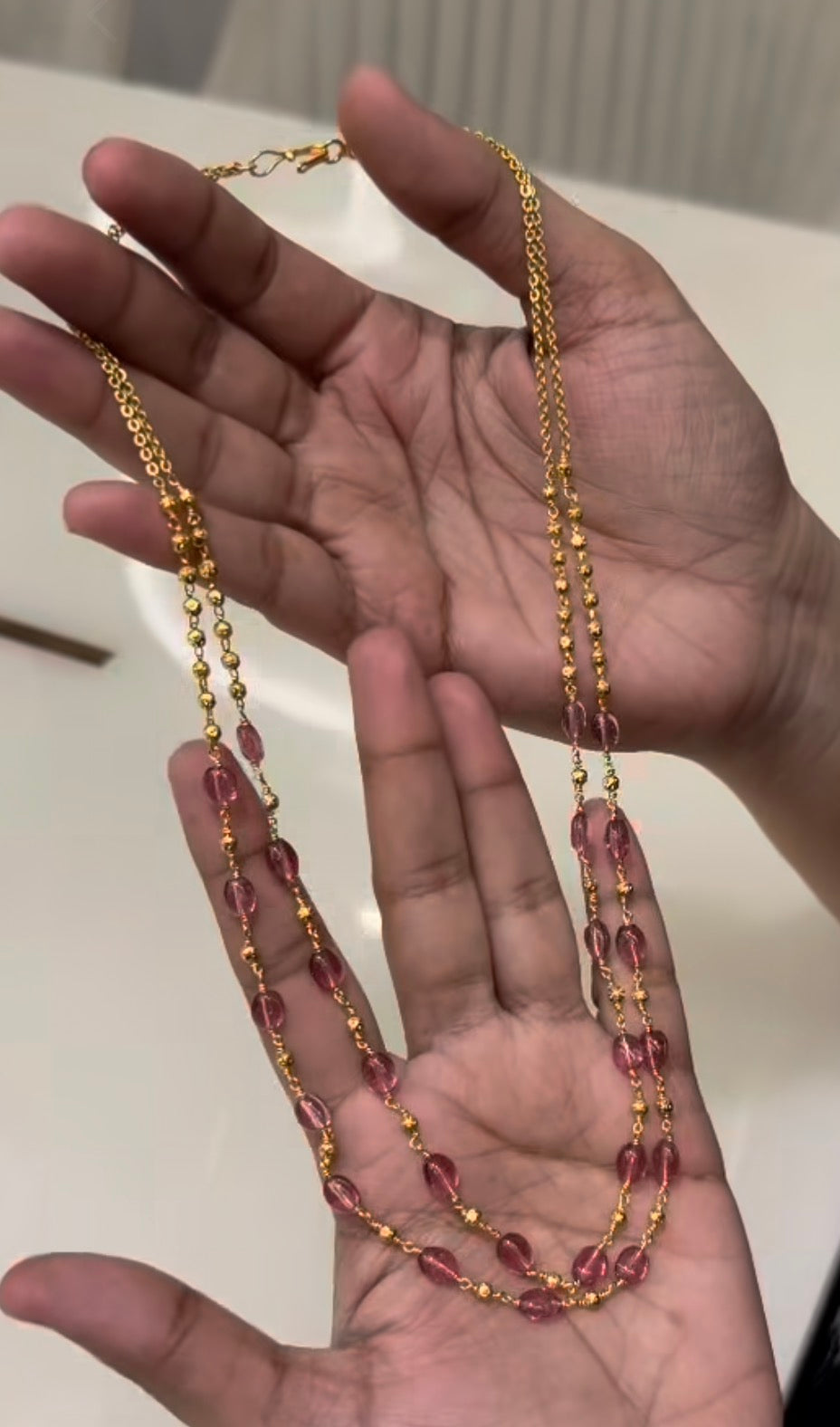 Beautiful 2 Line pink Beads malla customised with Gold Beads ( 18 inches )