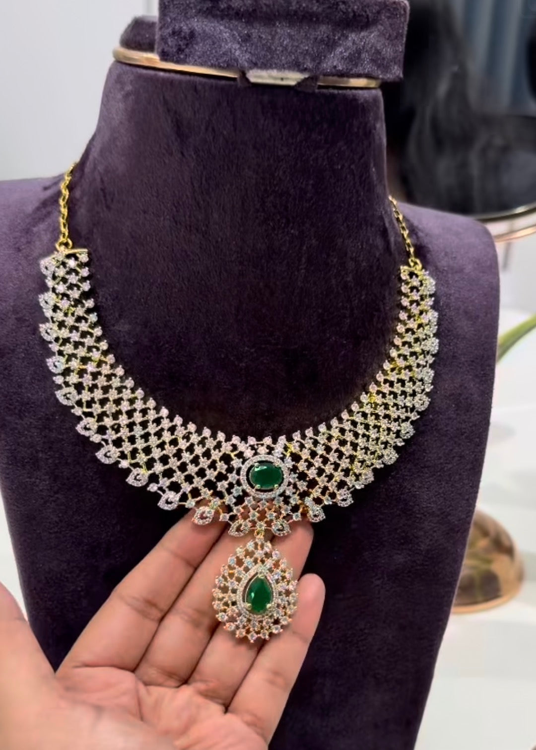 Beautiful Diamond Replica Necklace with Green Stone