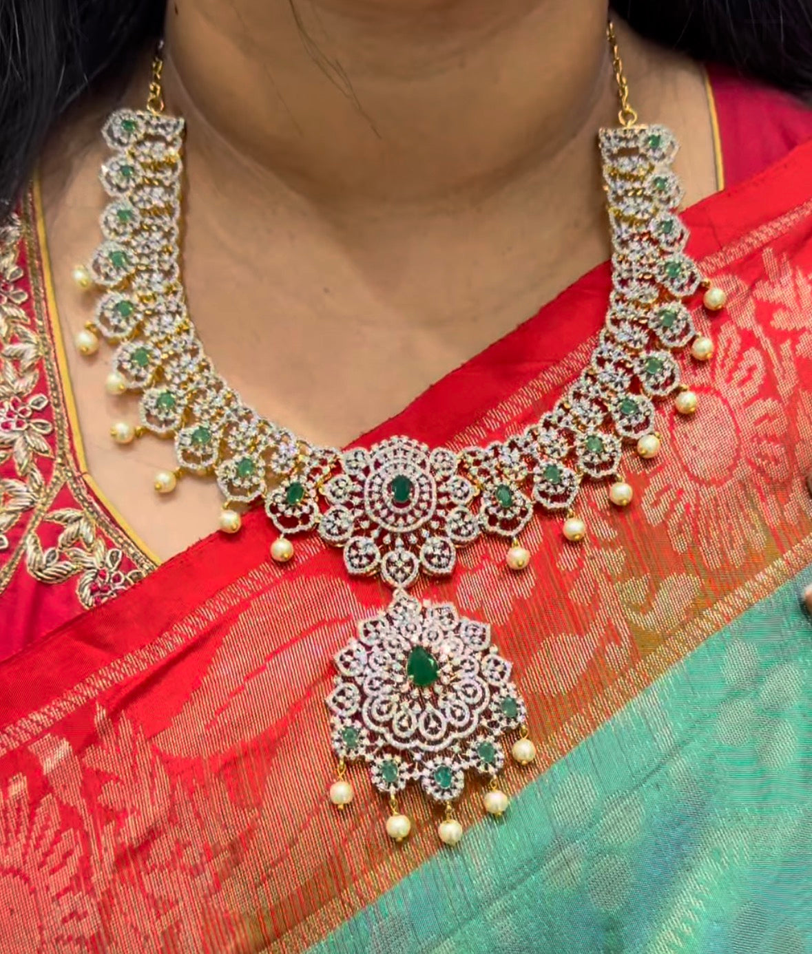 Beautiful GJ Green & White Diamond Replica Necklace with Screwback Earrings