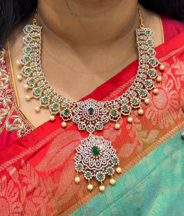 Beautiful GJ Green & White Diamond Replica Necklace with Screwback Earrings