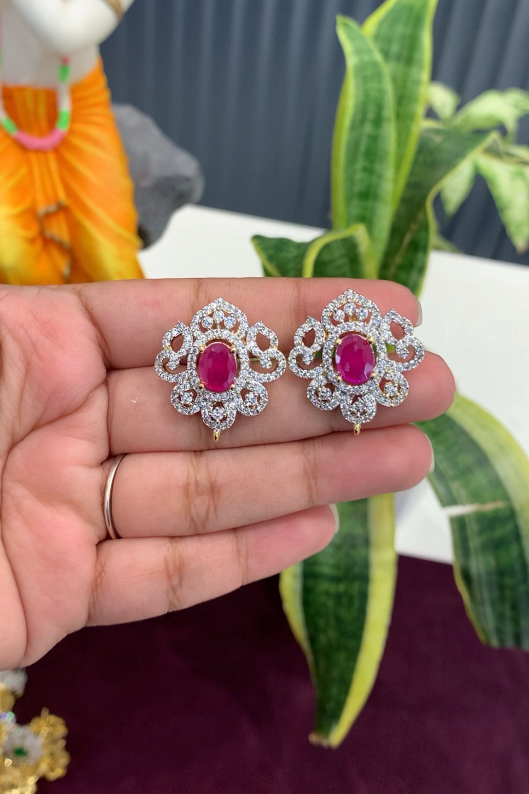 Beautiful Pink Stone GJ Stud Earrings With ScrewBack
