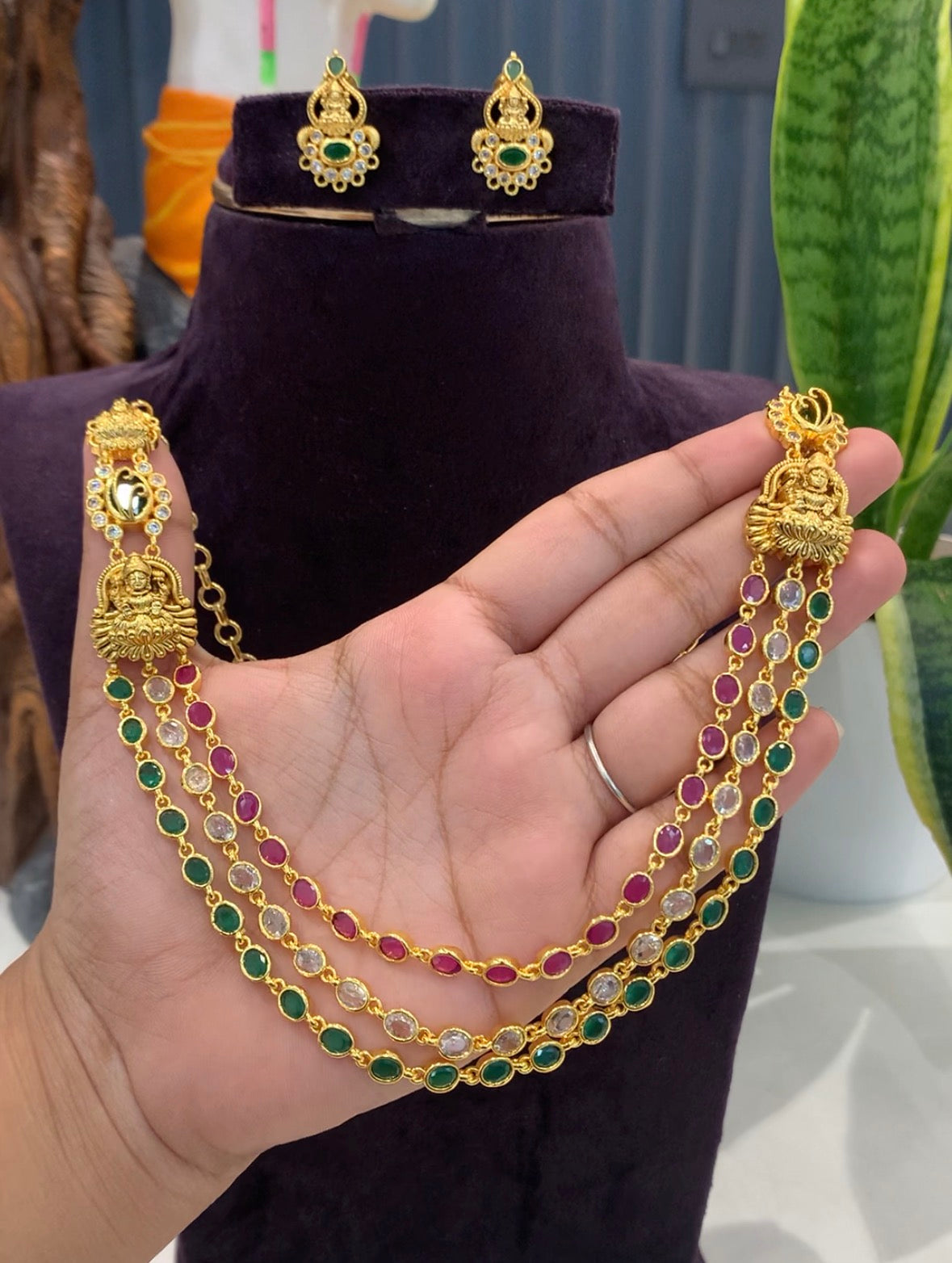 Beautiful 3-Step Multi colour Neck set With Pushback Earrings